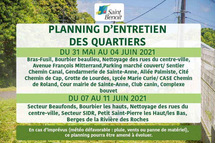 Planning d'entretien des quartiers du 31 mai au 04 juin 2021 et du 07 au 11 juin 2021   